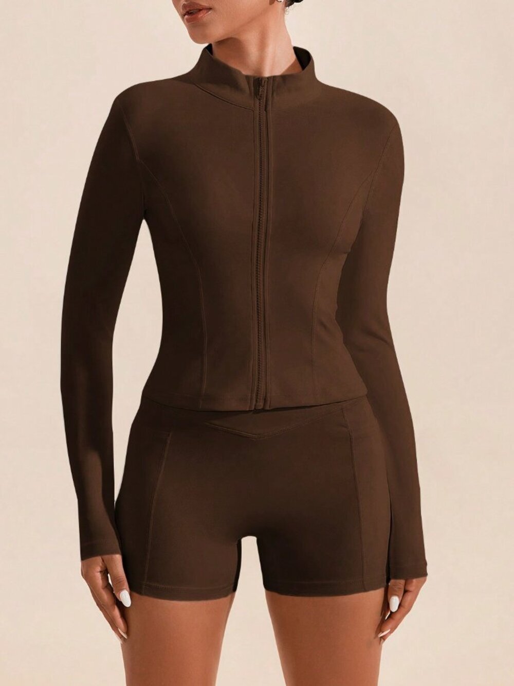 Brown Casual Women's High Neck Long Sleeves Skinny Sports Sets